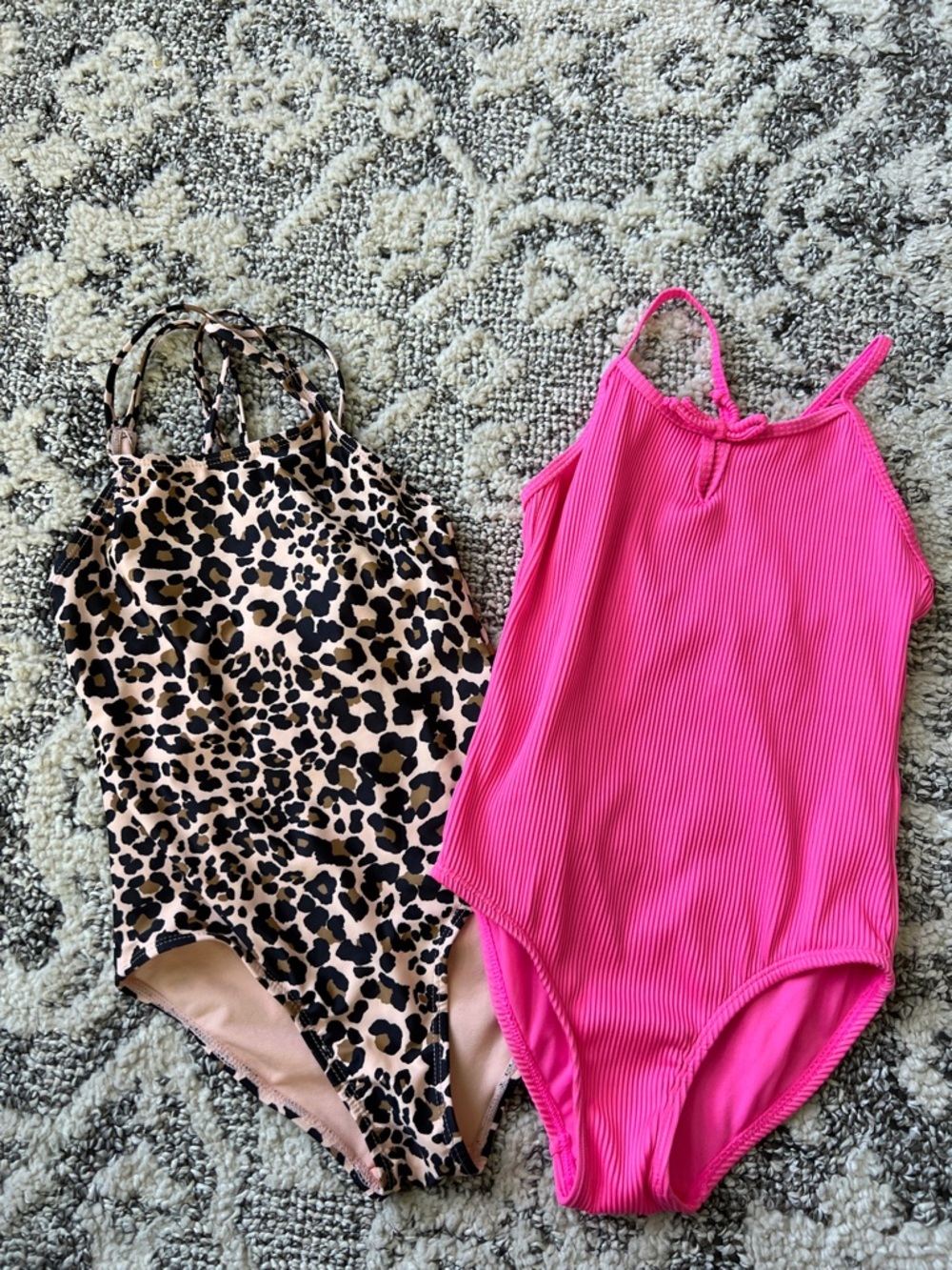 Kids One-Piece Swimsuit - Bright Pink Ribbed & Leopard Print